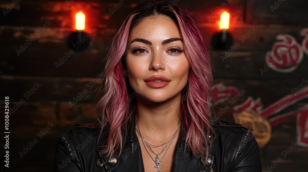 Confident woman with pink hair in stylish leather jacket Confident woman with pink hair in stylish leather jacket