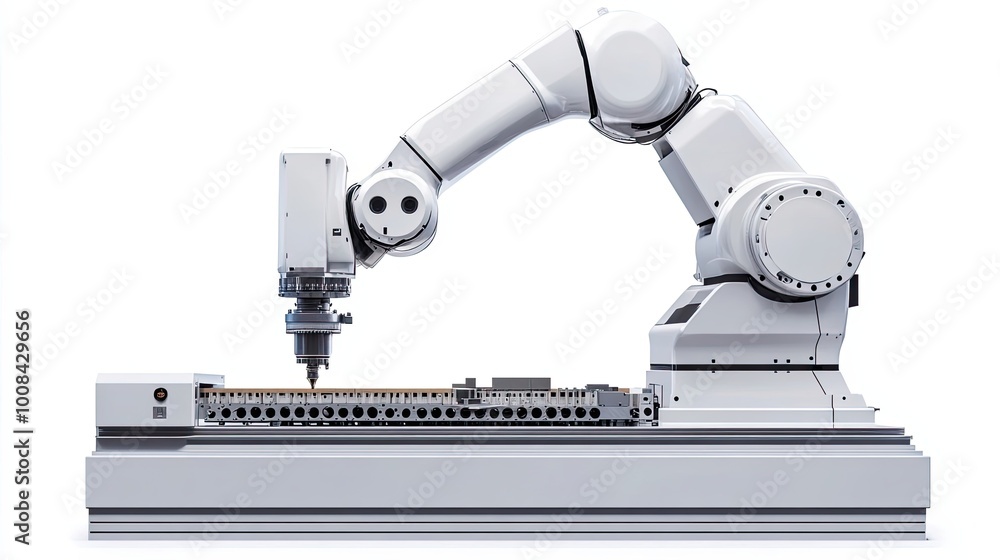 White Robotic Arm Operating on a Manufacturing Conveyor Belt White Robotic Arm Operating on a Manufacturing Conveyor Belt
