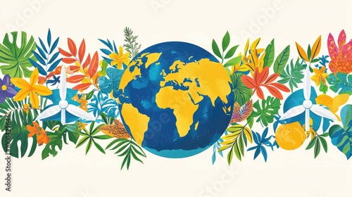 Vibrant illustration of Earth surrounded by nature and wind turbines