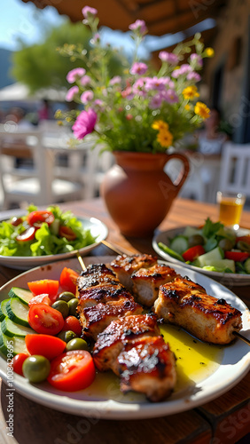 Souvlaki, a Greek fast food dish made from beef, pork or chicken, is often served with vegetables.