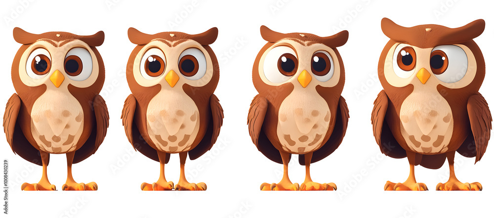 Fototapeta premium Cute cartoon owl character in multiple angles for kids' illustration and educational materials