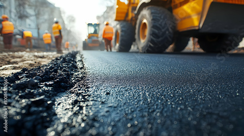 Freshly Laid Asphalt Road Construction Photo with Workers and Machinery