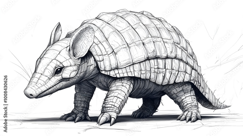 Stunning detailed black and white drawing of an armored armadillo in full view Stunning detailed black and white drawing of an armored armadillo in full view