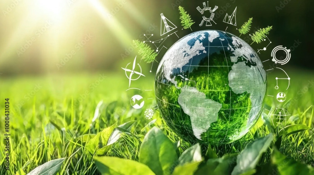 Eco-friendly globe surrounded by greenery and nature symbols Eco-friendly globe surrounded by greenery and nature symbols