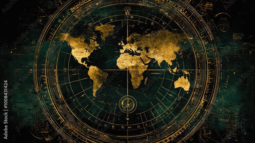 Obraz premium Vintage styled world map with golden accents