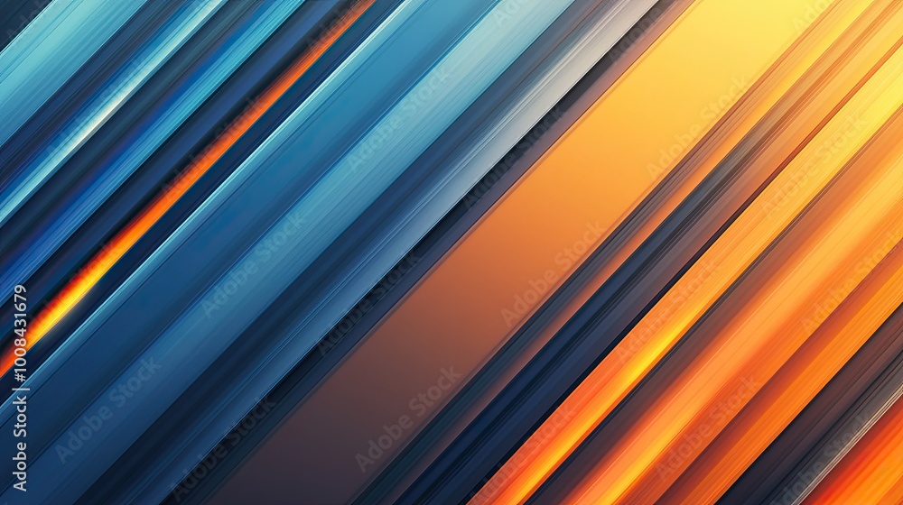 Fototapeta premium Abstract diagonal lines with smooth gradient transition. Blue and orange hues blend seamlessly, creating a colorful and modern design.