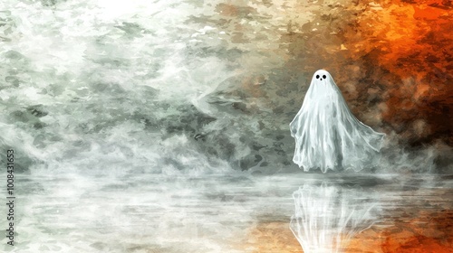 Ethereal ghost emerging from a misty landscape