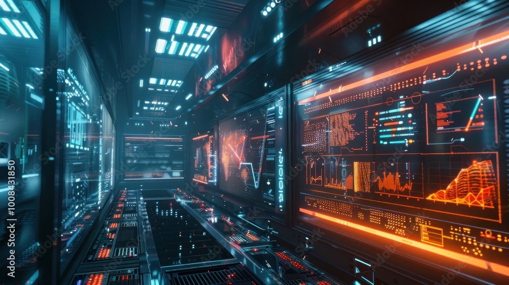 An AI system processing big data in a high-tech server room with glowing digital readouts and graphs An AI system processing big data in a high-tech server room with glowing digital readouts and graphs