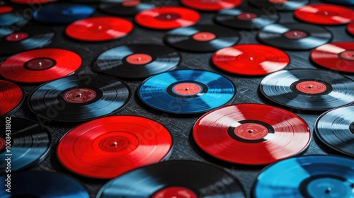 Colorful vinyl records spread across a textured surface photo