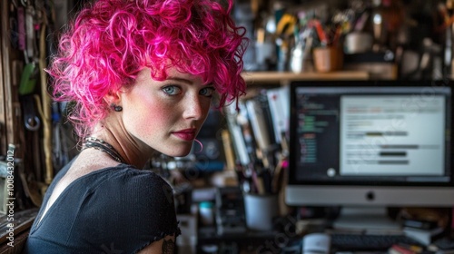 Creative woman with pink curly hair in a vibrant workspace