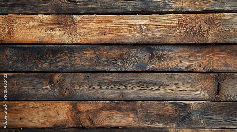 Naklejka premium Closeup of Rustic Burnt Wooden Planks With Weathered Natural Texture and Grain