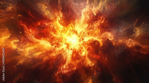 Abstract fire and smoke explosion with red and yellow colors glowing intensely. Flames radiate from the center, creating a powerful, vivid scene.