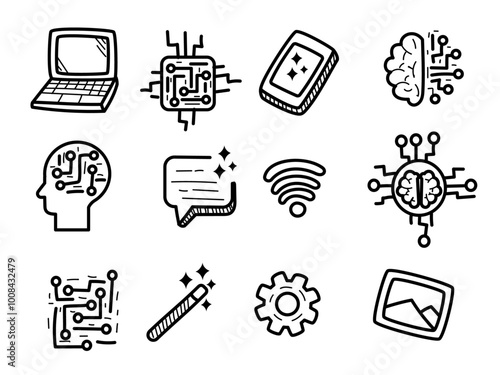 Set of artificial intelligence doodles with black and white color