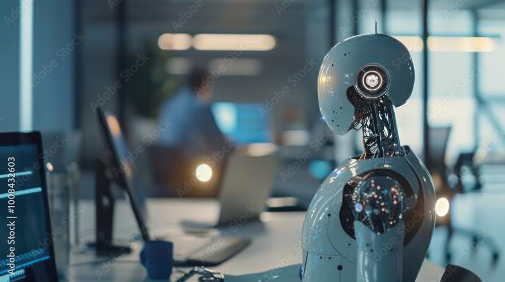 An AI-powered virtual assistant interacting with a user in a modern office setting An AI-powered virtual assistant interacting with a user in a modern office setting