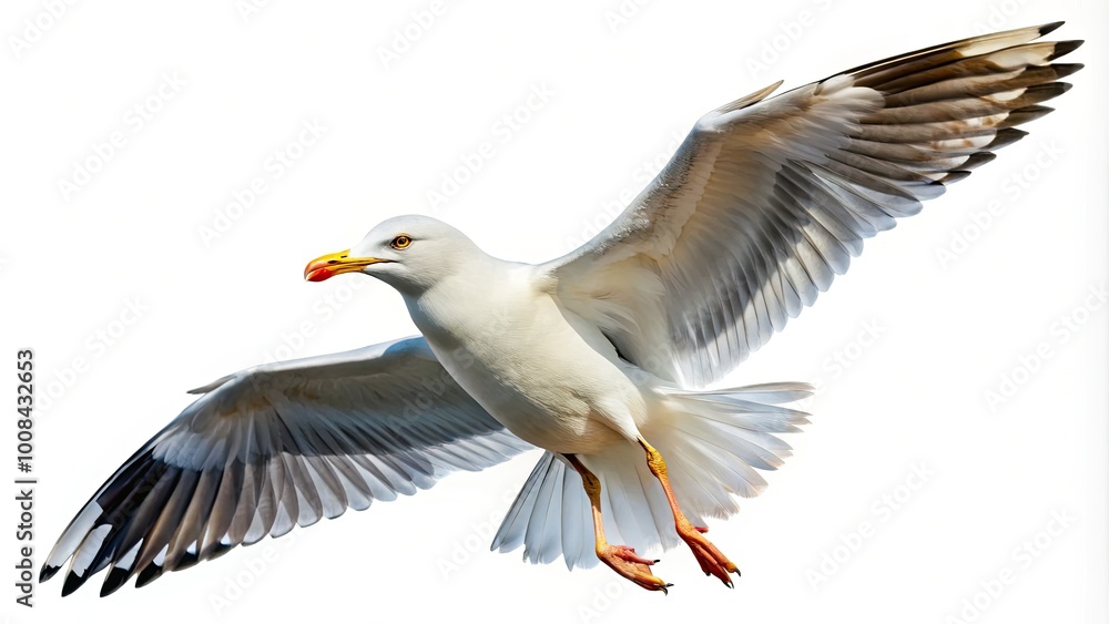 Fototapeta premium A striking seagull soars gracefully against a pristine white backdrop, embodying the essence of nature and wildlife in flight. A powerful symbol of freedom.