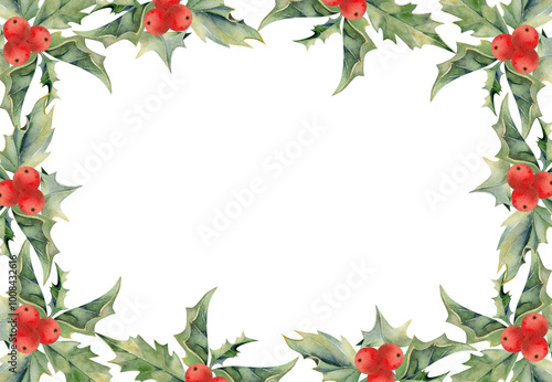 Holly evergreen leaves with red berries rosette. Watercolor hand drawn illustration, border frame isolated on white. Xmas, happy new year festive, noel navidad. Cards gifts florist shop, wedding