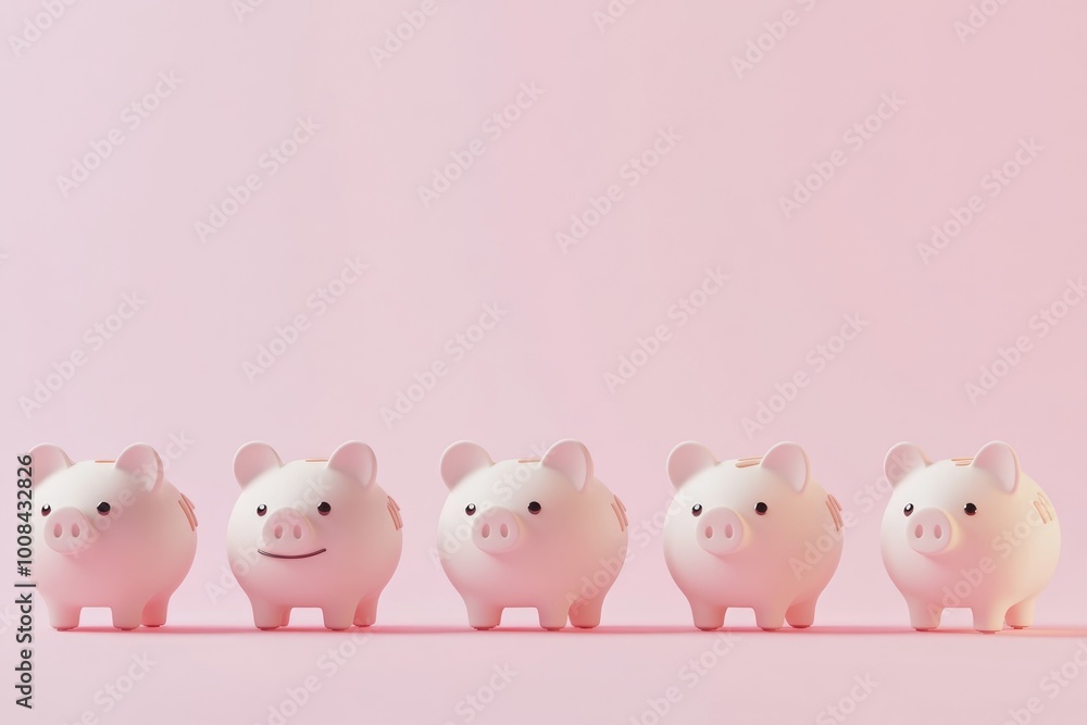 Adorable 3D Illustration of Six Cute Piggy Banks in a Line on a Pastel Pink Background for Financial Savings Concepts Adorable 3D Illustration of Six Cute Piggy Banks in a Line on a Pastel Pink Background for Financial Savings Concepts