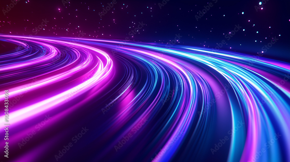 Bright Neon Light Trails in Pink and Blue with a Starry Night Sky Bright Neon Light Trails in Pink and Blue with a Starry Night Sky