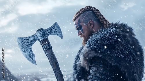 12. Viking warrior with braided hair holding a large battle axe in a snowy landscape