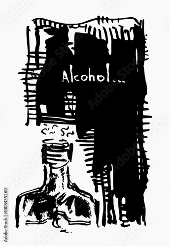 A sleek vector illustration of an alcohol bottle with the text "alcohol," suitable as an emblem for branding, bars, or projects related to Anonymous Alcoholics.