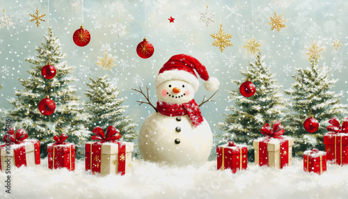 Playful winter wonderland with snowman, Christmas gifts, and festive decorations