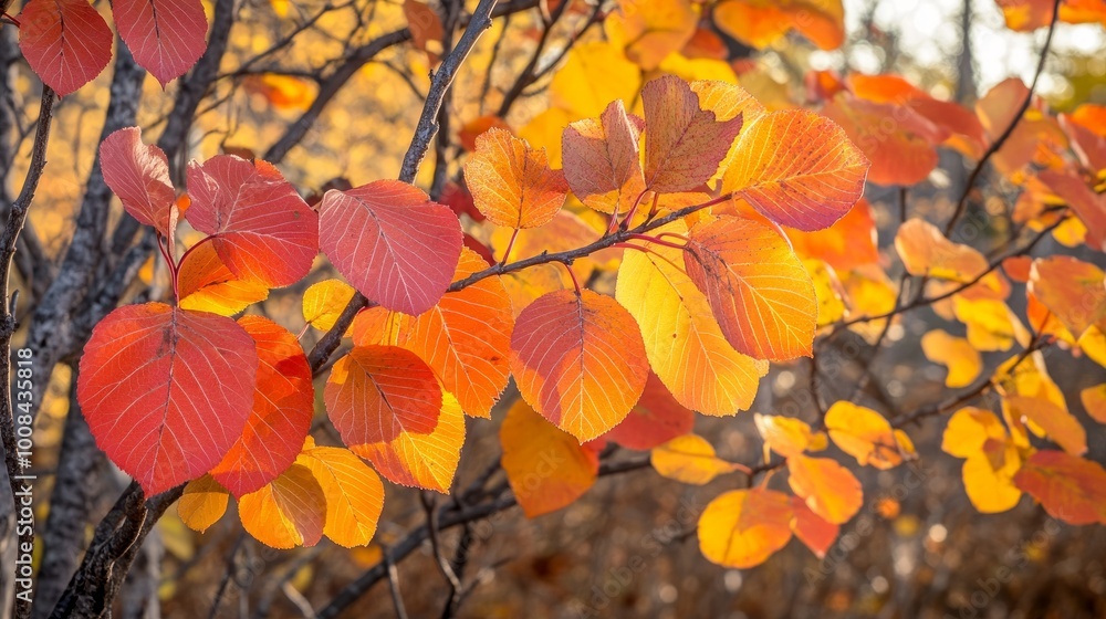 Close-up of vibrant red, orange, and yellow leaves on a branch. Close-up of vibrant red, orange, and yellow leaves on a branch.