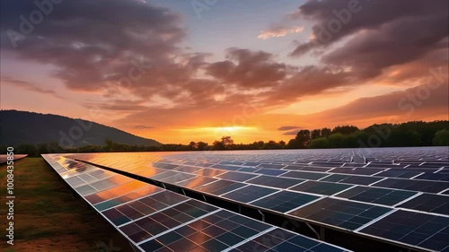 A solar panel farm at sunset, with rows of solar panels reflecting warm colors in the sky and mountains in the background.