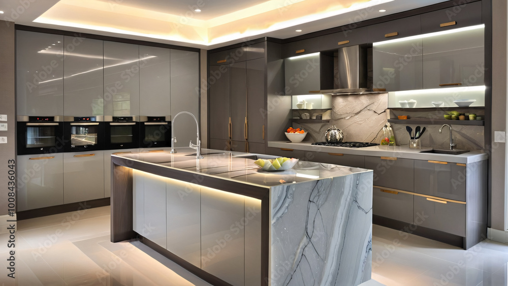 Luxury Kitchen with Marble Island and Elegant Lighting Luxury Kitchen with Marble Island and Elegant Lighting