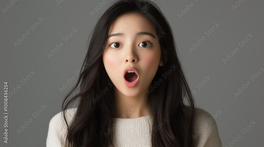 asian woman with a surprised expression, long hair and open mouth, wearing white, the front view close-up captures her delicate facial features in a moment of shock against a plain gray background asian woman with a surprised expression, long hair and open mouth, wearing white, the front view close-up captures her delicate facial features in a moment of shock against a plain gray background