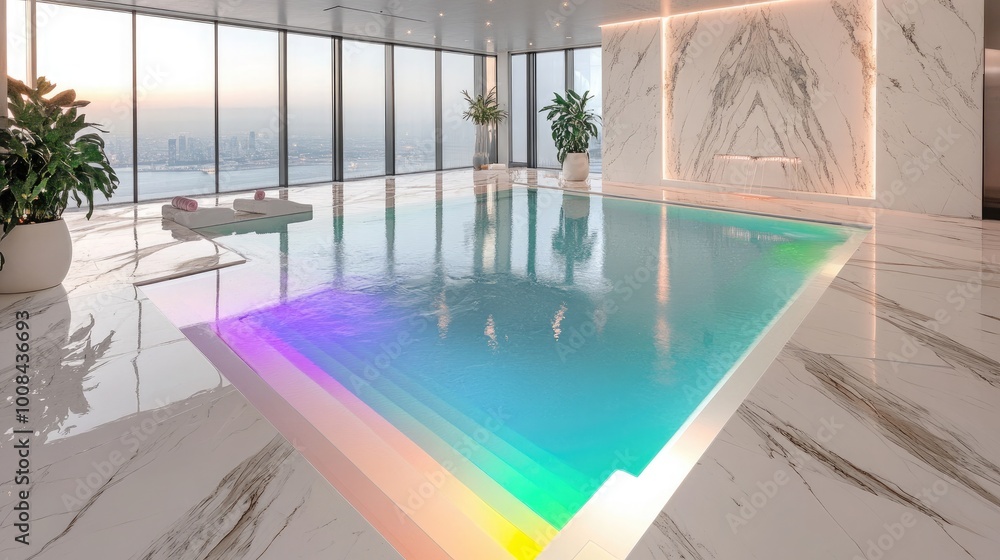 Fototapeta premium A posh indoor pool with a rainbow light feature and white marble decking