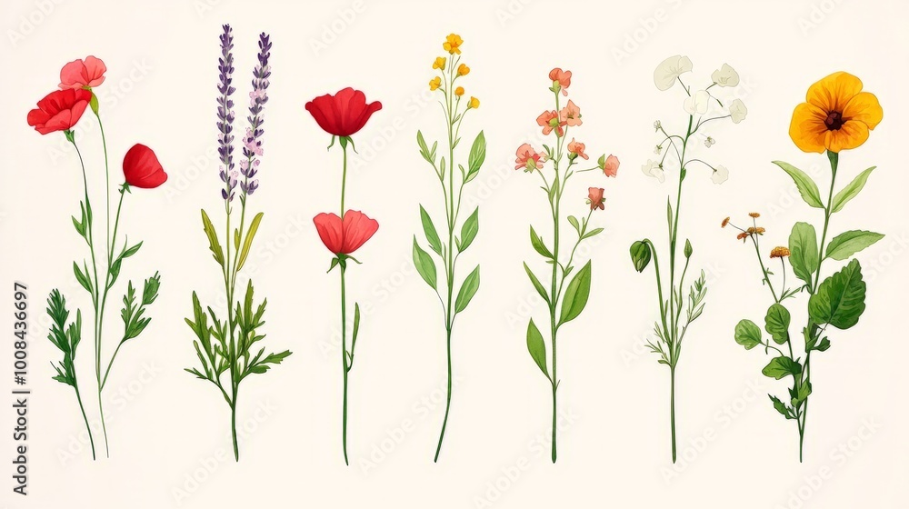 Obraz premium Collection of colorful wild flowers isolated on white background.