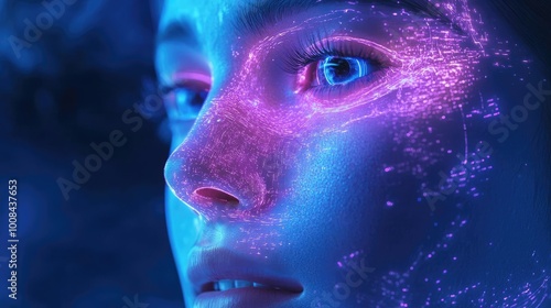 A close-up shot of a person's face illuminated by vibrant neon lights, showcasing a futuristic and ethereal appearance.