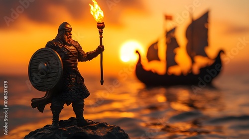 16. Viking raider figure holding a torch and shield as a ship sails behind