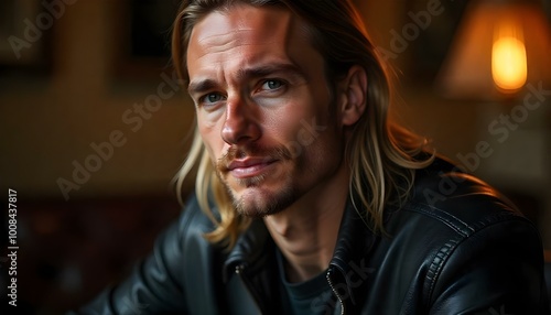 A Caucasian man with long blonde hair and rockstar or biker appearance wearing a black leather jacket