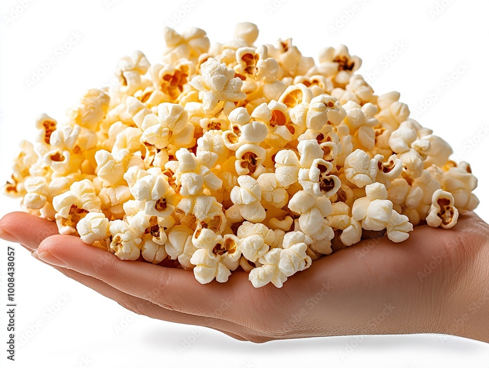 Closeup of Hand of girl holding popcorn ,on white background. Closeup of Hand of girl holding popcorn ,on white background.