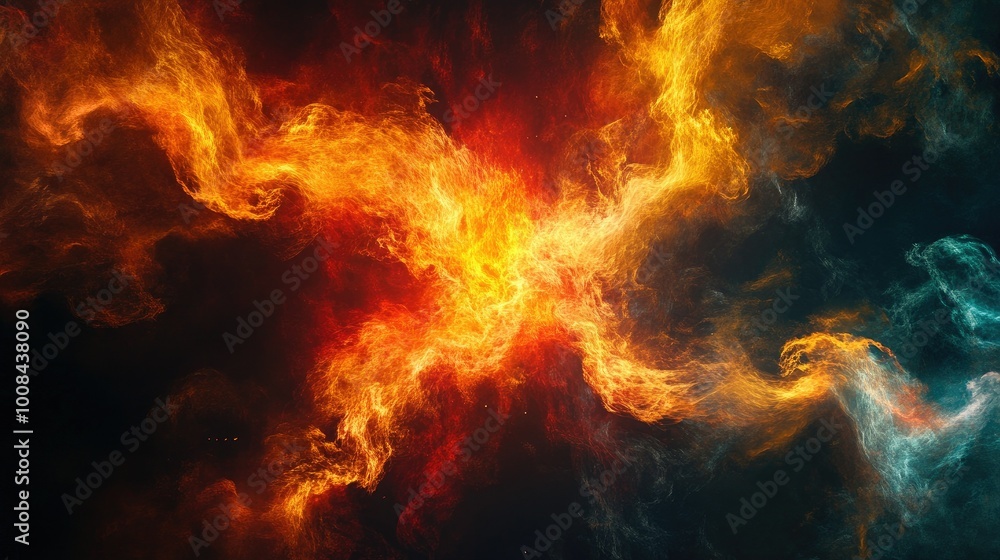 Blazing inferno with glowing smoke and fire. Red and yellow flames explode out from a central dark space, creating a vivid and hot effect. Blazing inferno with glowing smoke and fire. Red and yellow flames explode out from a central dark space, creating a vivid and hot effect.