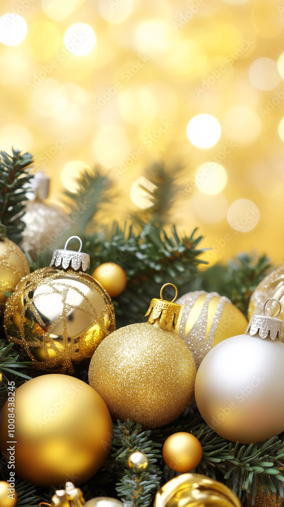 Festive Christmas vertical wallpaper. Christmas decorations and fir branches with copy space. Decoration against magic golden glitter bokeh background. New year greeting card Festive Christmas vertical wallpaper. Christmas decorations and fir branches with copy space. Decoration against magic golden glitter bokeh background. New year greeting card