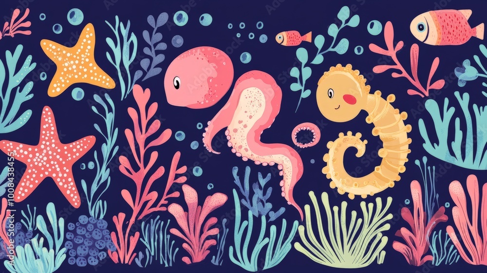 Fototapeta premium Colorful cartoon sea life pattern with starfish, seaweed, octopus, and seahorse on a dark blue background.