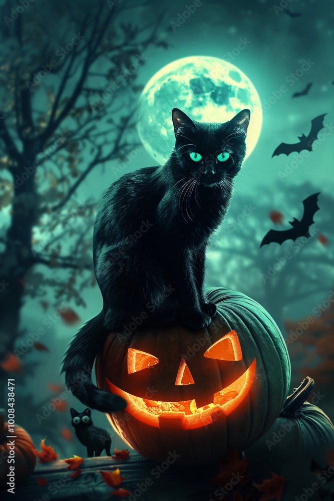 Black Cat on Jack-O'-Lantern with Full Moon Background Black Cat on Jack-O'-Lantern with Full Moon Background