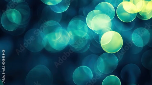 Blue-green abstract bokeh, soft-edged circular shapes, macro lens photography with transitions between light and shadow, space for copy.