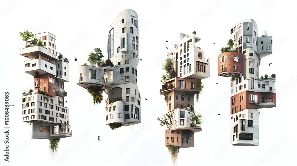 Naklejka premium Famous architectural structures floating or twisted with surreal elements