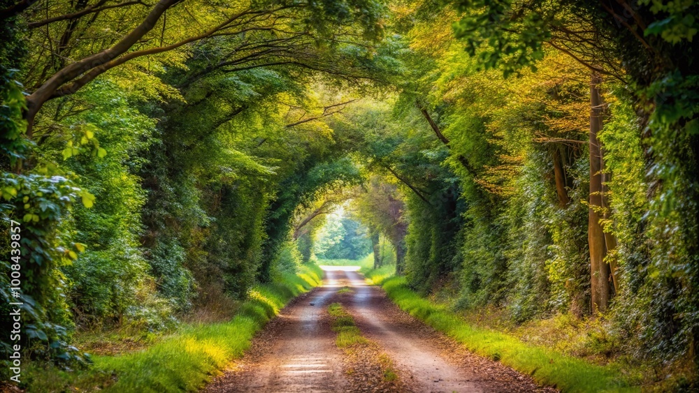 Obraz premium Sunlit Path Through Lush Greenery, A Secluded Forest Road With A Canopy Of Leaves