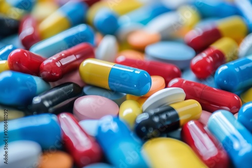 An assortment of medicine pills and capsules, reflecting the diversity in healthcare offerings. , background blur