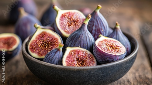 Bowl of ripe figs, some halved to show their vibrant interiors, sitting on a rustic table for an earthy, organic food concept.