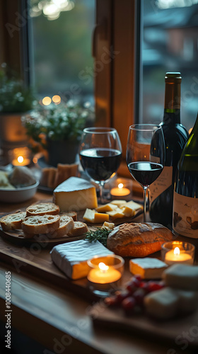 Romantic Cheese Board Photo - Wine, Candles, Bread