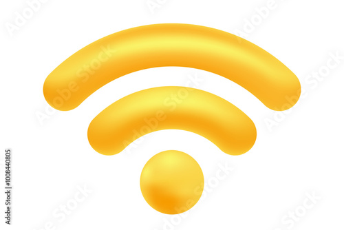 Cute 3D yellow, gold wifi icon, isolated transparent background, wireless free internet zone design element. Glowing plastic texture internet network icon for infographics, presentation