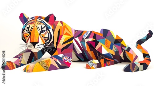 Animals cut into geometric shapes and reassembled with bold, contrasting patterns photo