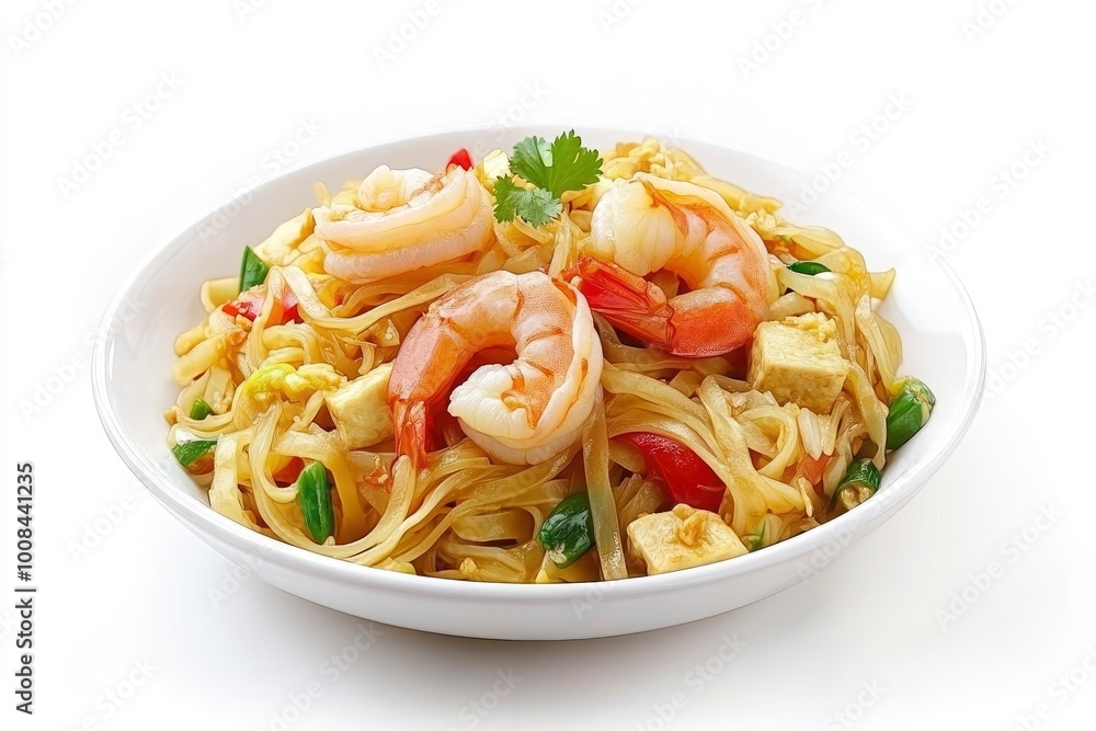 Shrimp Pad Thai made with organic rice noodles, a common menu item at Asian restaurants, usually contains vegetables and tofu. isolated on white background. Asian, Chinese, Thai food - generative ai Shrimp Pad Thai made with organic rice noodles, a common menu item at Asian restaurants, usually contains vegetables and tofu. isolated on white background. Asian, Chinese, Thai food - generative ai