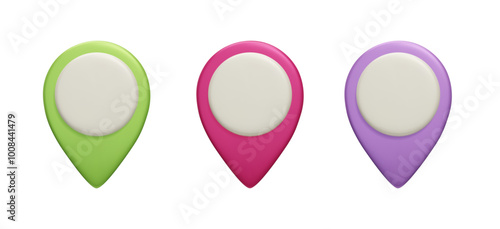 Set of 3d location pin vector illustration isolated on white. Colorful map pin signs, gps mark, geolocation pointer, navigation design element 3d render.