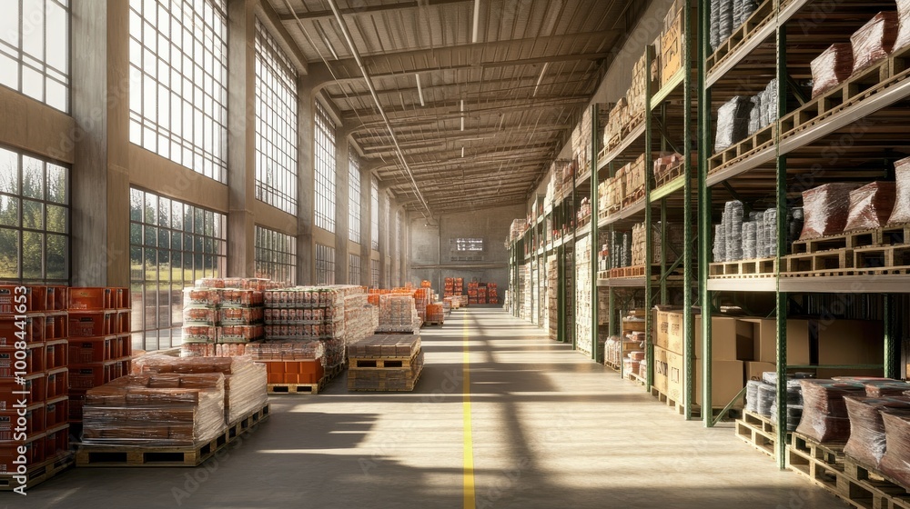 custom made wallpaper toronto digitalClean warehouse aisles with tall shelves and pallets loaded with packaged goods, bathed in natural light from large windows.
